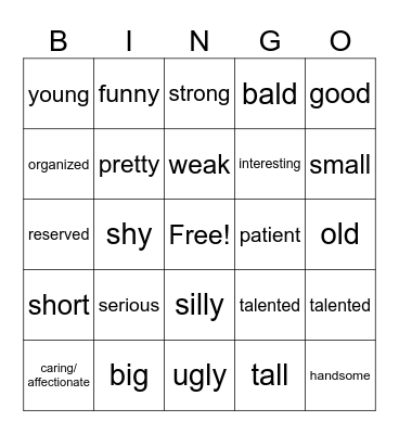 Los Adjetivos Bingo Card