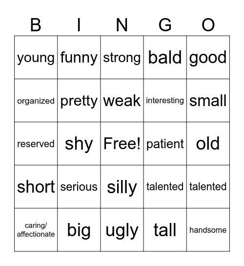 Los Adjetivos Bingo Card
