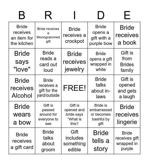 Bridal Shower Bingo Card