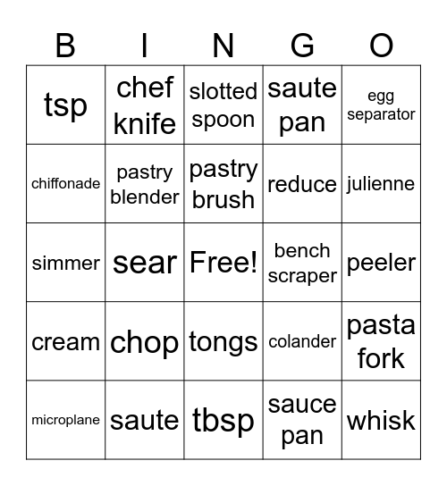 Kitchen Bingo Card