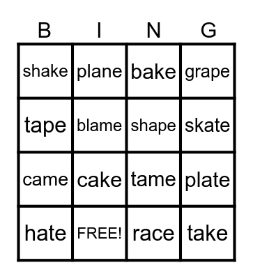 a_e words Bingo Card