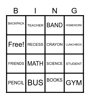 BACK TO SCHOOL Bingo Card