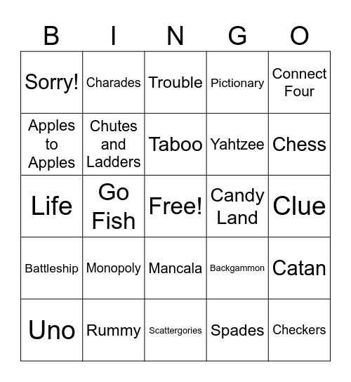 Game Night Bingo Card