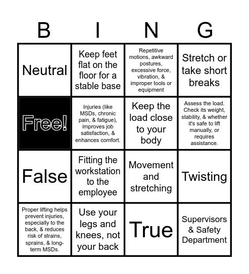 Ergonomics and Lifting Bingo Card