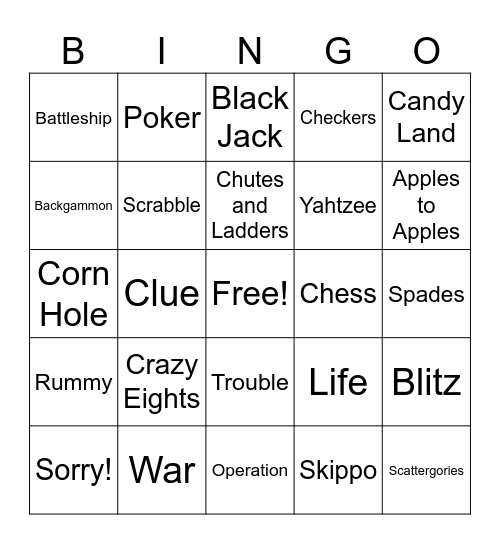Game Night Bingo Card