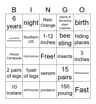 Centipedes Bingo Card