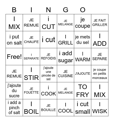 COOKING VERBS Bingo Card
