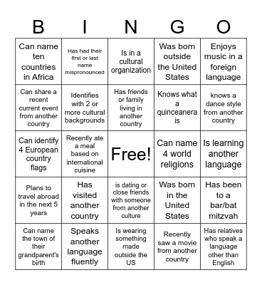 Cultural Diversity Bingo Card