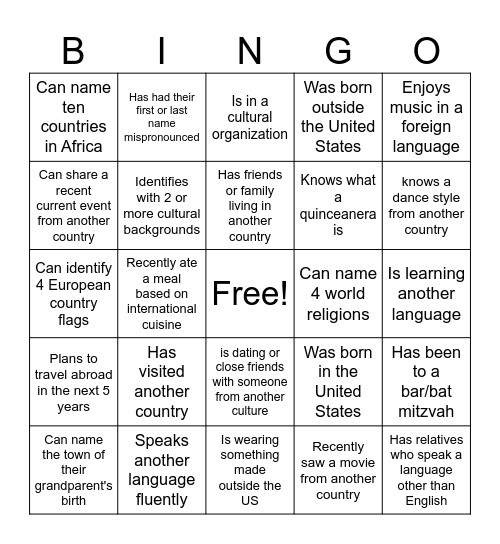 Cultural Diversity Bingo Card