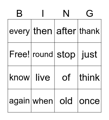 sight words Bingo Card