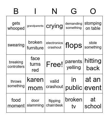 crashout kids Bingo Card