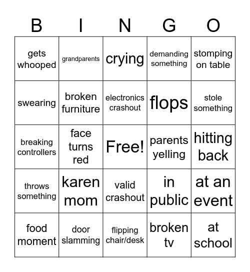 crashout kids Bingo Card