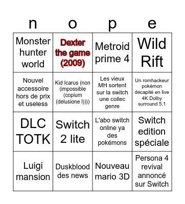 Nintendo direct 12/09 Bingo Card