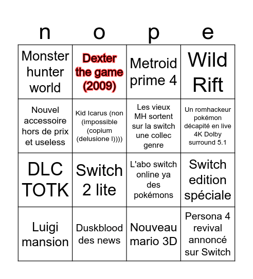 Nintendo direct 12/09 Bingo Card