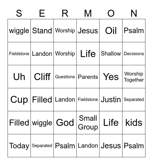 August 31 Worship Together Bingo Card