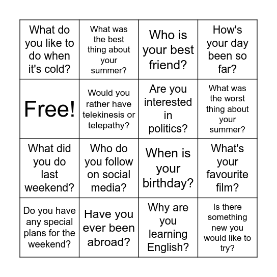 1st Day Bingo Card