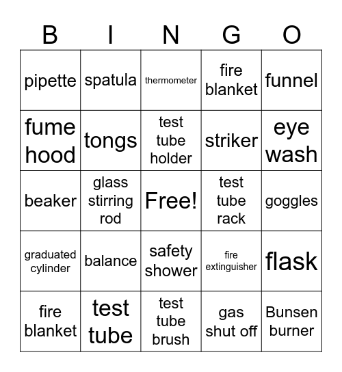 Lab and Safety Tools Bingo Card