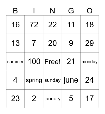 Practica de numeros, meses, dias y estaciones Bingo Card