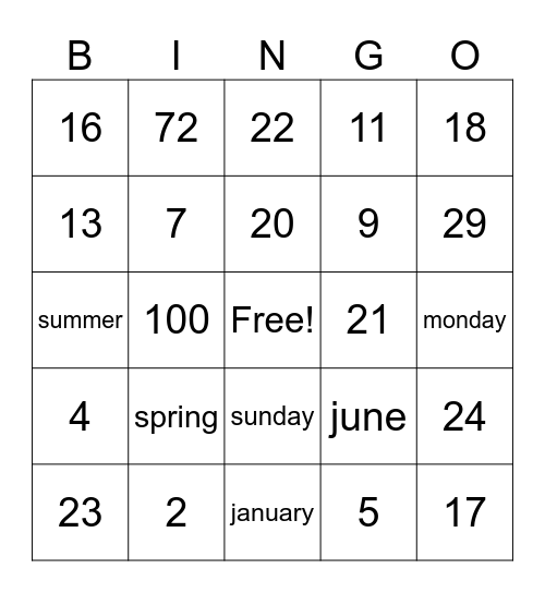 Practica de numeros, meses, dias y estaciones Bingo Card