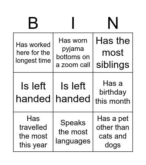 Team Bingo Card
