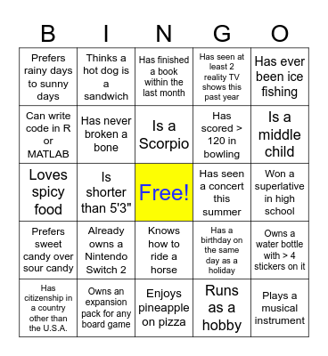 Ice Breaker BINGO -- Get To Know People 2 Bingo Card