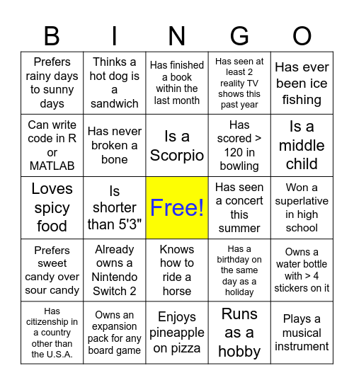 Ice Breaker BINGO -- Get To Know People 2 Bingo Card