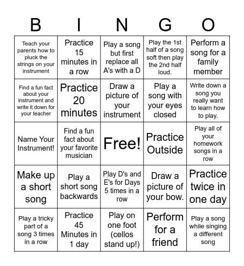 Orchestra Practice Bingo Card
