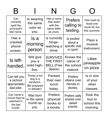 First Day Bingo! Bingo Card
