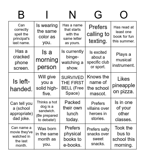 First Day Bingo! Bingo Card