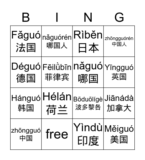 M1 Country Bingo Card