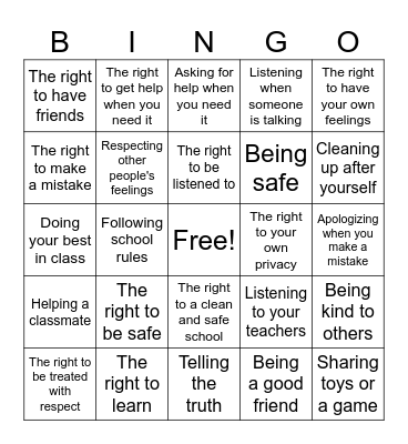 Rights and Responsibilities Bingo Card