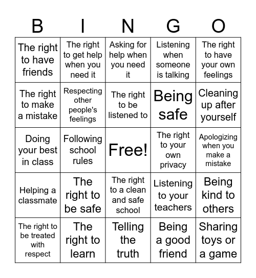 Rights and Responsibilities Bingo Card
