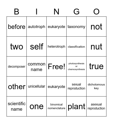 Classification Vocabulary Bingo Card