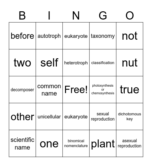 Classification Vocabulary Bingo Card