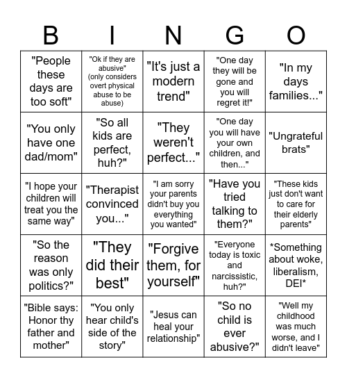 Estranged Parent Apologia Bingo Card