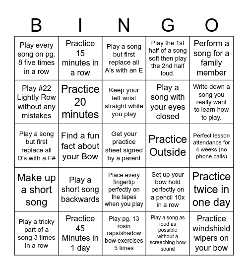 Orchestra Practice Bingo Card