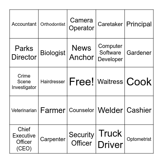 Career Clusters Bingo Card