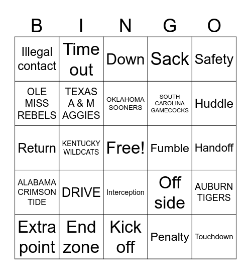 SEC FOOTBALL Bingo Card