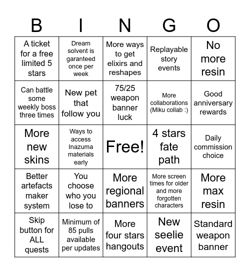 Hopes for genshin's future Bingo Card