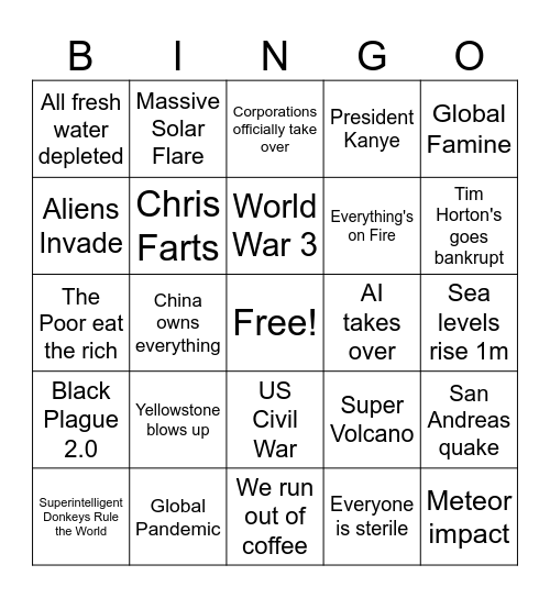 End of the World as We Know It Bingo Card