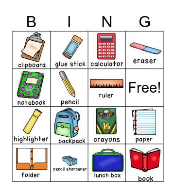 School Supplies Bingo Card
