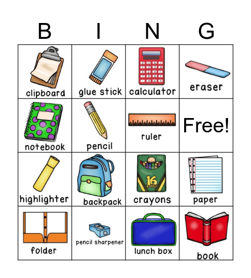 School Supplies Bingo Card