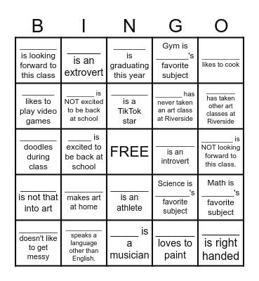First Day Art Class Bingo!! Bingo Card