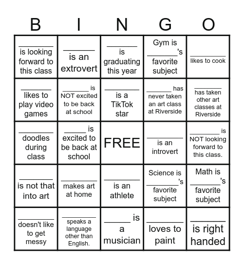 First Day Art Class Bingo!! Bingo Card