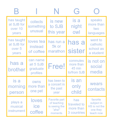 SJB Connections Bingo Card