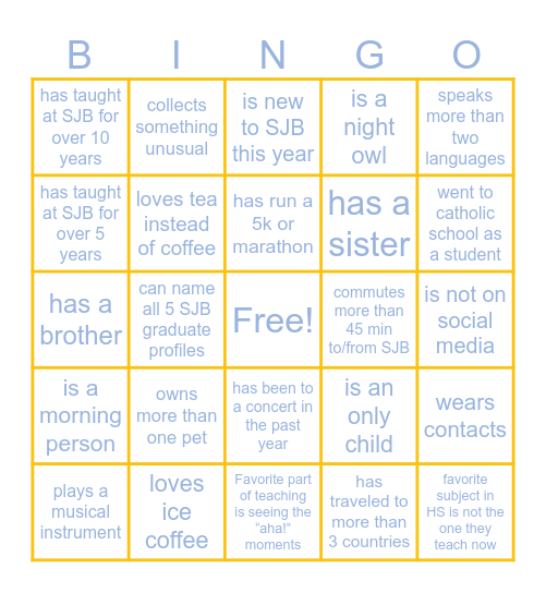 SJB Connections Bingo Card