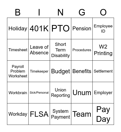 Payroll Bingo Card