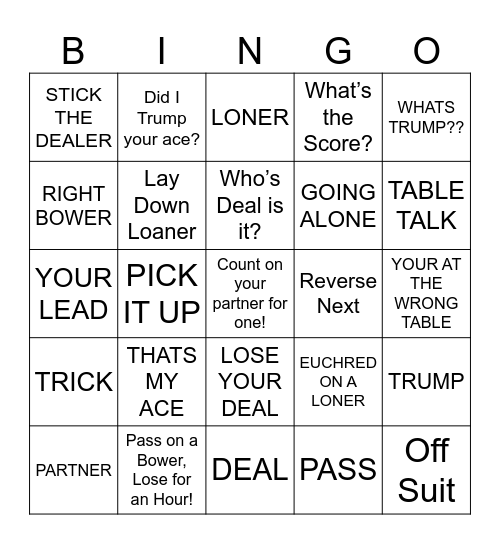 euchre Bingo Card