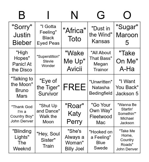 Musical Bingo Card