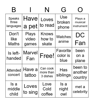 "Get to Know You" Bingo Card